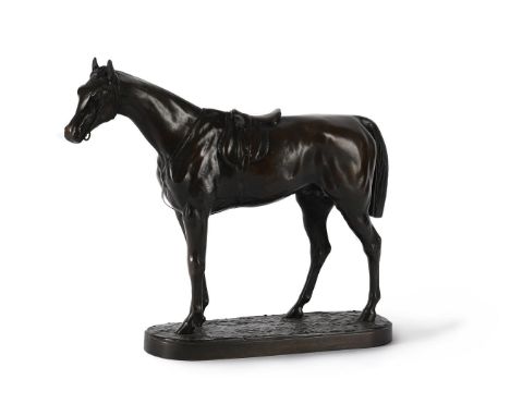 JOSEPH EDGAR BOEHM (1834-1890), AN EQUESTRIAN ANIMALIER BRONZE OF A STANDING SADDLED RACEHORSE  LATE 19TH OR EARLY 20TH CENTU