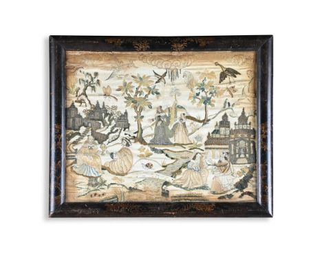 A CHARLES II SILK AND METALLIC NEEDLEWORK  CIRCA 1670  With figures in landscape setting, buildings beyond and a menagerie of