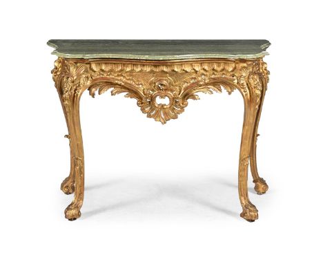 AN ITALIAN CARVED GILTWOOD AND GREEN MARBLE CONSOLE TABLE NEAPOLITAN, CIRCA 1760 89cm high, 121cm wide, 51cm deep