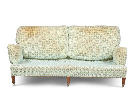 A BEECH AND UPHOLSTERED TWO SEAT SOFA BY HOWARD CHAIRS LTD, LATE 20TH CENTURY One leg stamped 'HOWARD CHAIRS LTD LONDON ENGLA