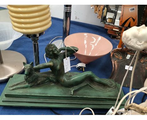 AN ART DECO GREEN PLASTER TABLE LAMP, A LADY RECLINING ON THE BASE WITH HER ALSATIAN DOG, THE SHADE OF CREAM GLASS.   W 56cms