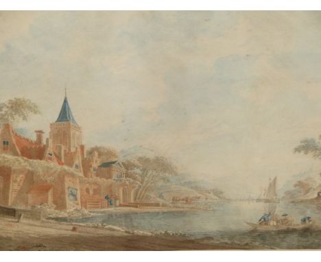 OLD MASTER FLEMISH/DUTCH SCHOOL.   RIVERSIDE VILLAGE, WATERCOLOUR.   32.5 x 50cms.