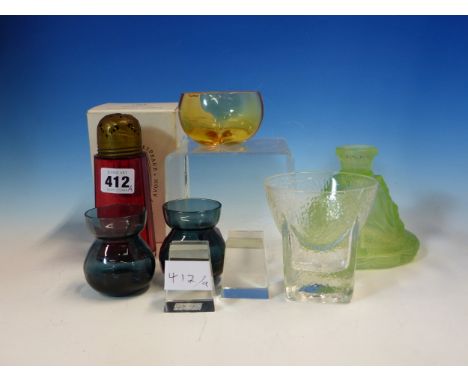 NINE EXAMPLES OF 20th C. GLASS, TO INCLUDE: A PAIR OF WHITEFRIARS INK BLUE VASES.   H 7cms. A CRANBERRY SIFTER, A TUMBLER, AN