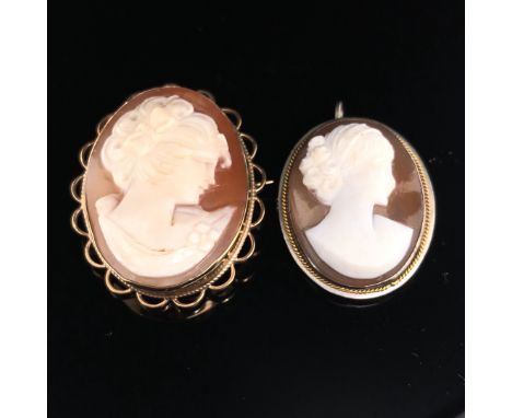 AN OVAL PORTRAIT CAMEO IN A 9ct GOLD BROOCH FRAME, TOGETHER WITH A FURTHER 900 GRADE SILVER MOUNTED EXAMPLE. 