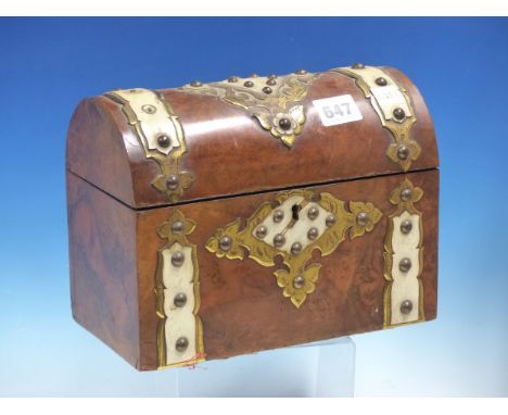 A BURR WALNUT TWO COMPARTMENT TEA CADDY, THE FRONT AND ROUND ARCHED LID WITH GILT METAL FRAMED IVORY STRAPS AND CLOSE NAILED 