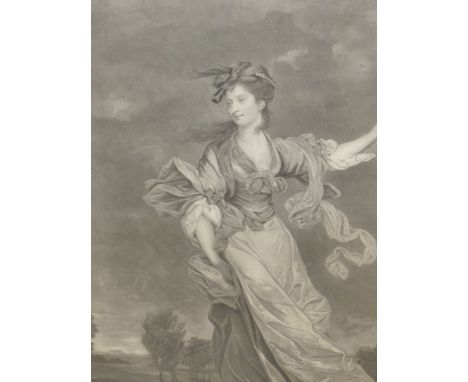 AFTER SIR JOSHUA REYNOLDS.  'LADY JANE HALIDAY', ANTIQUE MEZZOTINT, 64 x 39cms, TOGETHER WITH A COLOURED PRINT OF CUPID, AND 