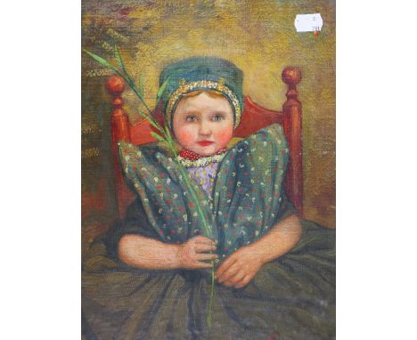NICO JUNGMANN (1872-1935).  PORTRAIT OF A YOUNG GIRL IN TRADITIONAL COSTUME, SIGNED, OIL ON CANVAS LAID DOWN, 38 x 28cms.