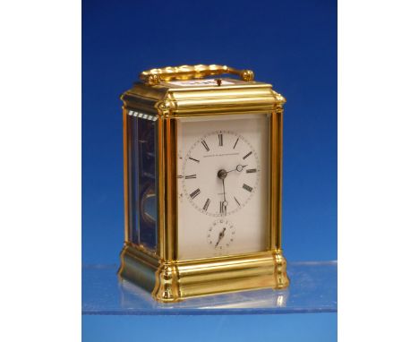 AN AUBERT &amp; KLAFTENBERGER GORGE CASED CARRIAGE CLOCK WITH ALARM AND REPEATING STRIKE ON A BELL, THE CASE.   H 11.5cms.