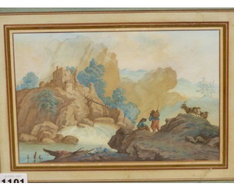 OLD MASTER SCHOOL.  CAPRICCIO LANDSCAPE VIEW, GOUACHE.  15 x 22cms.