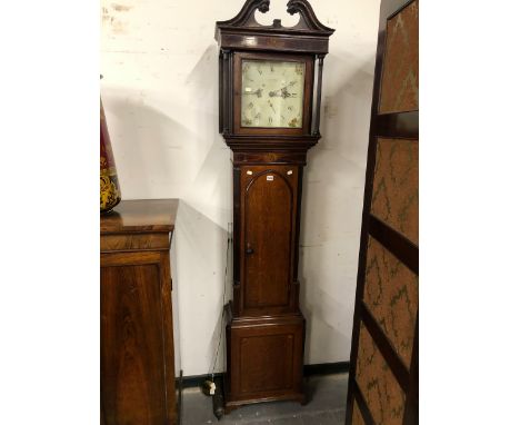 H BURTON, KENDALL, AN OAK 30 HOUR LONG CASED CLOCK, THE SQUARE DIAL PAINTED WITH ROSES IN THE SPANDRELS, THE SWAN NECK PEDIME