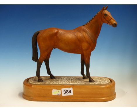 A 1967 ROYAL WORCESTER DORIS LINDNER FIGURE OF ARKLE WITH WOODEN BASE.   W 28cms. TOGETHER WITH FRAMED CERTIFICATE No. 289/50