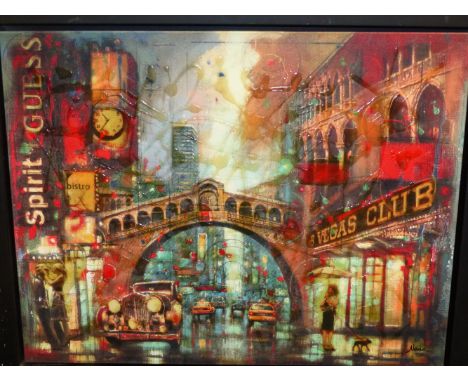 NEMO (CONTEMPORARY SCHOOL).  ARR.  GLOBAL VILLAGE III, HAND EMBELLISHED SIGNED GICLEE PRINT, GALLERY LABEL VERSO, 71 x 92cms.