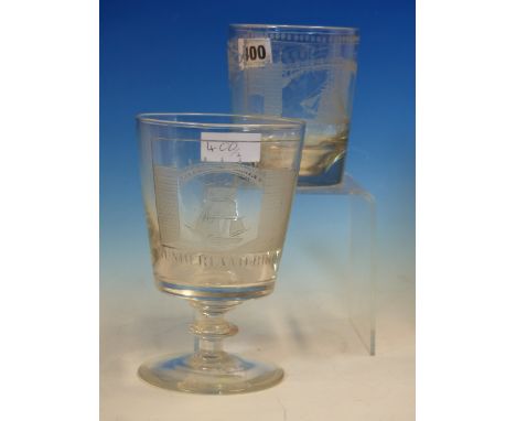 A CLEAR GLASS TUMBLER ENGRAVED WITH A SHIP SAILING UNDER SUNDERLAND BRIDGE.   H 10cms. TOGETHER WITH A RUMMER, THE BUCKET BOW