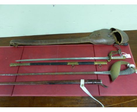 TWO LEATHER CASED SWORDS, THE GIEVE &amp; SONS NAVAL SWORD IN BRASS MOUNTED BLACK LEATHER SCABBARD, THE ROGERS MILITARY SWORD