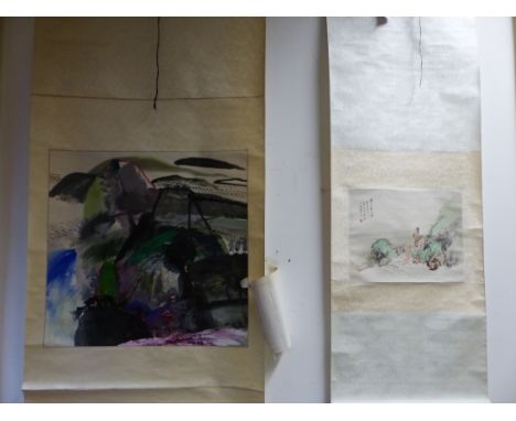 TWO CHINESE SCROLL PAINTINGS, ONE OF A TRAVELLER DIPPING HIS FEET INTO A WATERFALL.   31.5 x 39.5cms. THE OTHER AN IMPRESSION