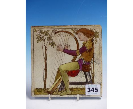 A COPELAND TILE TO A POSSIBLE DESIGN BY HENRY STACY MARKS PAINTED WITH A MEDIAEVAL HARPIST PLAYING BY ROSES, IMPRESSED MARK.