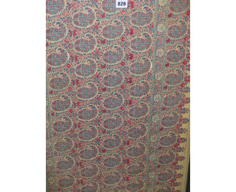 A FRAMED INDIAN CREAM GROUND TEXTILE PANEL WOVEN IN RED AND BLUE WITH FIVE ROWS OF BOTEH, THE FRAME.   97 x 53cms.