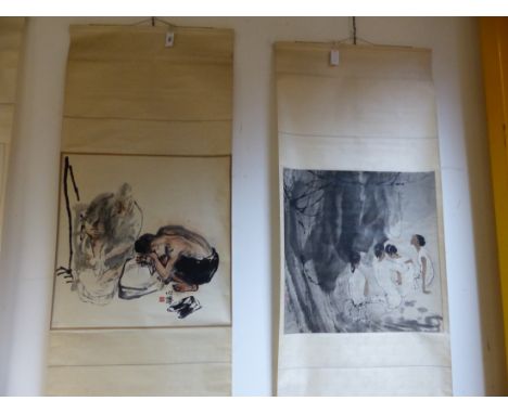TWO CHINESE SCROLL PAINTINGS, ONE OF FOUR GIRLS SEATED BEFORE TREES.   67 x 66cms. THE OTHER OF TWO MEN WASHING THEMSELVES OU