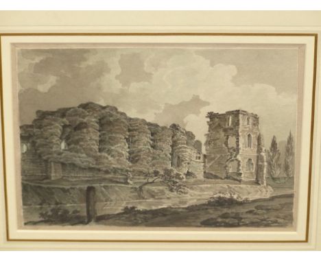 ATTRIBUTED TO JAMES BAYNES (1766-1837).  'A RUINED ABBEY', INK DRAWING.  15 x 20cms. 