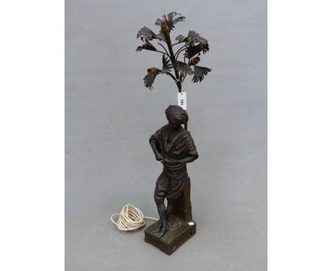 A SPELTER FIGURAL LAMP, THE TURBAN WEARING NORTH AFRICAN MAN FILLING HIS PIPE BELOW A PALM TREE CONCEALING THREE LIGHT SOCKET