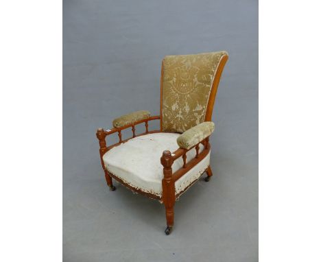 A FRUIT WOOD SHOW FRAME ARMCHAIR IN GODWIN STYLE, THE RECTANGULAR BACK AND ELBOW RESTS UPHOLSTERED, THE LATTER EACH ABOVE THR