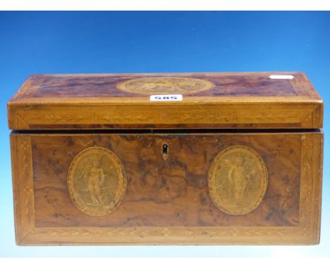 A GEORGIAN YEW WOOD TEA CADDY, THE RECTANGULAR LID, BACK AND FRONT PRINTED WITH AMORINI OVALS AND ENCLOSED BY SATIN WOOD EDGI