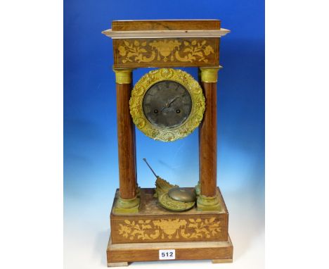 A 19th C. MARQUETRIED ROSEWOOD PORTICO CLOCK, THE TWO TRAIN PENDULUM MOVEMENT COUNTWHEEL STRIKING ON A BELL, THE CASE.   H 47