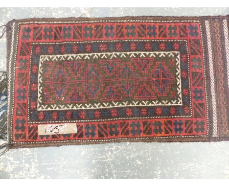 THREE BELOUCH TRIBAL BAGS, TOGETHER WITH A TAPESTRY SEAT PANEL AND TWO MATS (6)