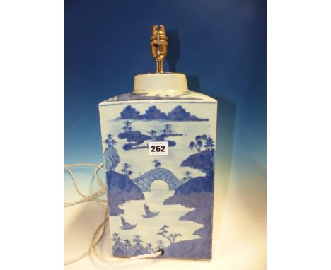 A CHINESE BLUE AND WHITE SQUARE SECTIONED JAR MOUNTED AS A LAMP AND PAINTED WITH ISLAND SCENES.   H 33cms.