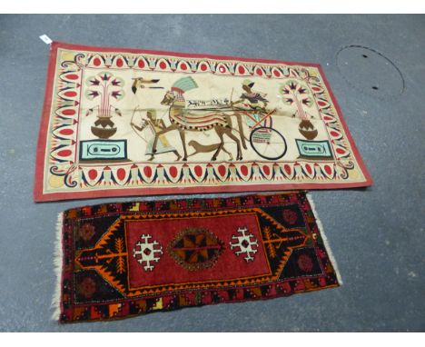AN APPLIQUED CREAM GROUND PANEL SEWN IN BRIGHT COLOURS WITH A PHARAOH IN A HORSE DRAWN CHARIOT.   94 x 164cms. TOGETHER WITH 
