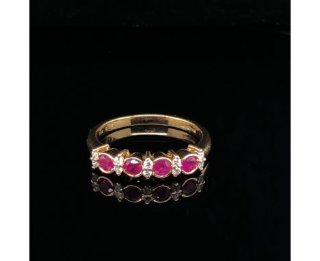 AN 18ct YELLOW GOLD  FOUR STONE RUBY AND TEN STONE DIAMOND HALF ETERNITY RING, FINGER SIZE P. 