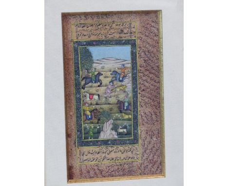 FOUR INDIAN MINIATURES AND A EUROPEAN WATERCOLOUR, THE FORMER INCLUDING TWO LADIES ON A TERRACE, A COURT GATHERING AND TWO HU