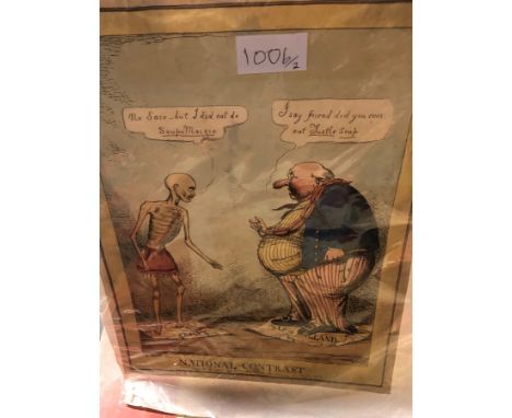 JAMES GILLRAY, AN ANTIQUE SATIRICAL PRINT, UN PETIT SOUPER A LA PARISIENNE, 1792 AND HENRY HEATH, NATIONAL CONTRAST, A PRINT 