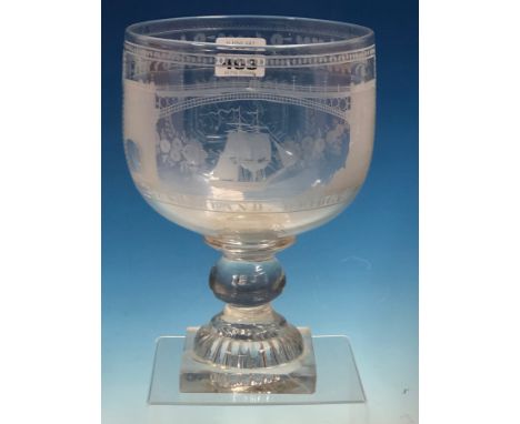 A RUMMER, THE ROUNDED BOWL ENGRAVED ON ONE SIDE WITH THE SUNDERLAND BRIDGE AND ON THE OTHER WITH THE INITIALS G D C WITHIN GA