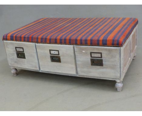 A VINTAGE OAK THREE DRAWER BANQUETTE TRIBAL KELIM COVERED SEAT, H. 51 X W. 13 x D. 82cm