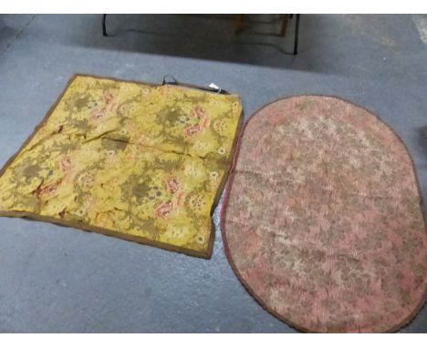 A YELLOW SILK PANEL, POSSIBLY 18th C., WOVEN WITH GOLD THREAD ROCAILLE BRACKETS ABOUT RED AND CREAM FLOWERS.   127 x 122cms. 