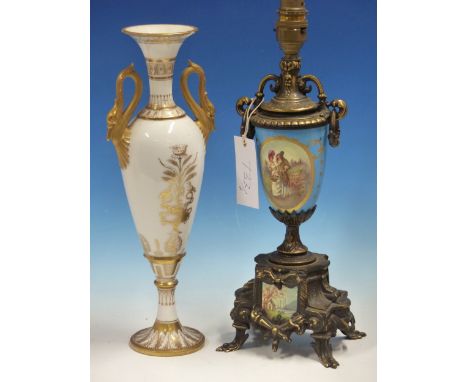 A TURQUOISE GROUND SEVRES STYLE PORCELAIN AND GILT METAL TWO HANDLED BALUSTER LAMP.   H 36cms. TOGETHER WITH A LA COURTILLE G
