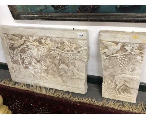 TWO WHITE MARBLE SECTIONS OF A RELIEF PANEL CARVED WITH BIRDS ON GRAPE VINES ABOVE DEER.   H 65 x W 62 AND 24cms.