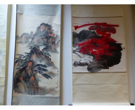 TWO CHINESE SCROLL PAINTINGS, ONE DEPICTING MOUNTAINS AND PINE TREES AT SUNSET.   96 x 52cms. THE OTHER AN IMPRESSION OF SUNS