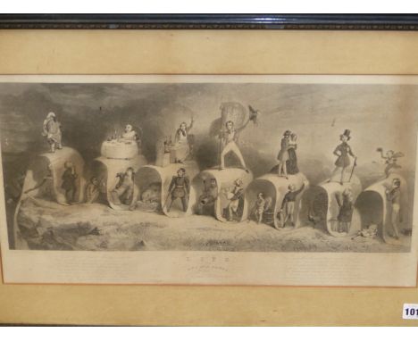 ALFRED CROW QUILL.  ANTIQUE PRINT,  'LIFE; IT'S UPS AND DOWNS', 29 x 52cms; TOGETHER WITH VINTAGE COLOURED PRINT TITLED, 'WID