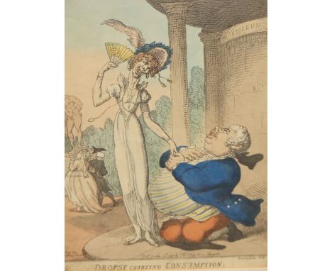 ANTIQUE HAND COLOURED PRINT AFTER THOMAS ROWLANDSON.  'DROPSY COURTING CONSUMPTION', 34 x 23cms. 