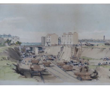 TWO ANTIQUE RAILWAY RELATED COLOUR LITHOGRAPHS, BUILDING OF RETAINING WALL NEAR PARK ST. CAMDEN TOWN, 1836.  PUBLISHED BY J.C