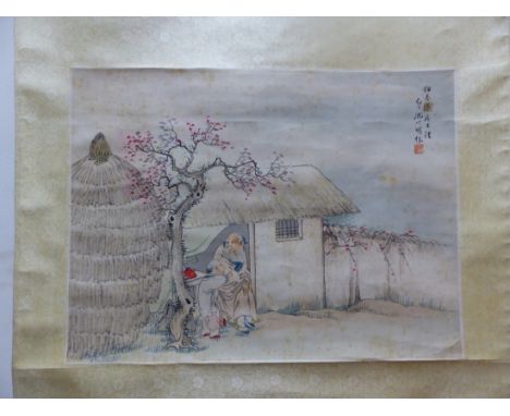 TWO CHINESE SCROLL PAINTINGS, ONE DEPICTING WOMEN IN AND ABOUT A PAVILION.   117 x 48cms. THE OTHER A GRANDFATHER AND GRANDCH