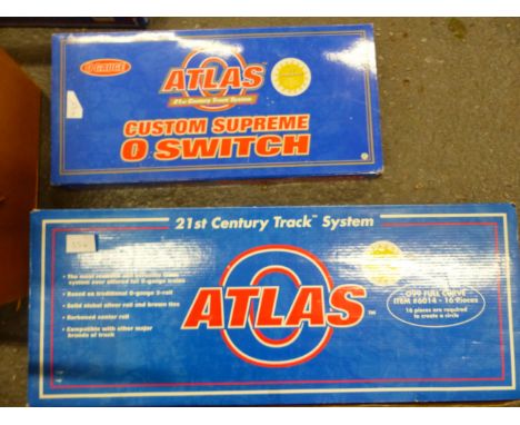 AN ACE TRAINS GLAZED TIN PLATE TWIN PLATFORM ARCADE FOR ACEVILLE STATION, THREE BOXES OF ATLAS 0 GAUGE TRACK, FURTHER LOOSE 0