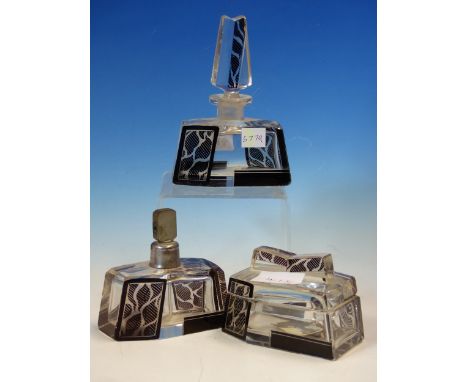 THREE CZECHOSLOVAKIAN ART DECO GLASS DRESSING TABLE WARES TOGETHER WITH FOUR POWDER COMPACTS PRINTED WITH SPORTING ACTIVITIES