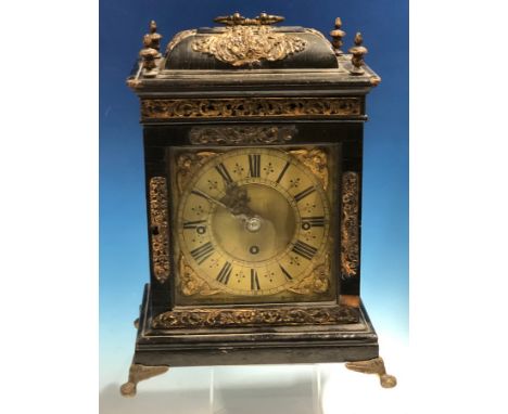 EDWARD BIRD, LONDON, A MANTEL CLOCK WITH A CARRILON OF EIGHT BELLS AND STRIKING ON A COILED ROD, THE EBONISED CASE TOPPED BY 