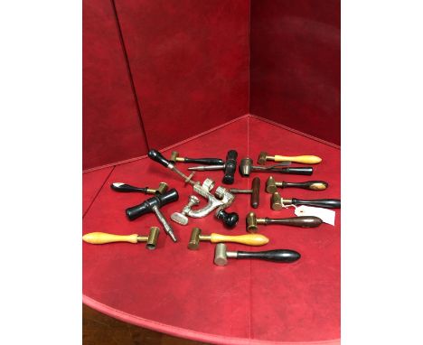 A COLLECTION OF SHOTGUN CARTRIDGE MAKING TOOLS, MEASURES AND A CLAMP