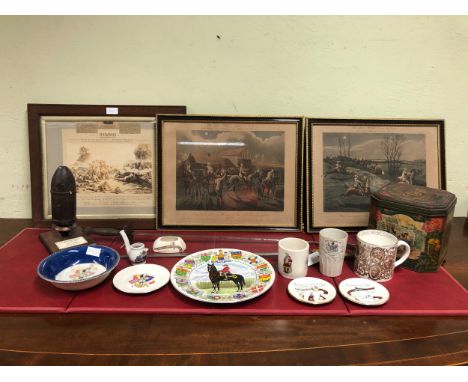 VARIOUS HUNTING PRINTS, MG CAR PRINTS, MAIWAND BERKSHIRE REGIMENT PRINT, COMMEMORATIVE WARES AND TWO WORN SWORDS. 