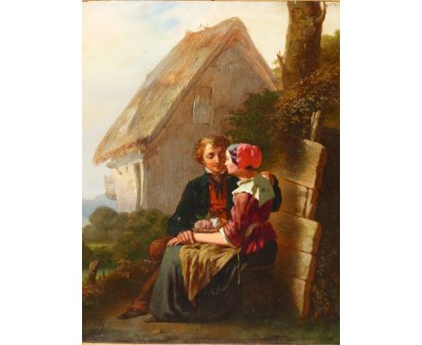 19th.C. CONTINENTAL SCHOOL.  THE COURTSHIP.  INDISTINCTLY SIGNED, INSCRIBED VERSO, OIL ON PANEL.  25 x 20cms.