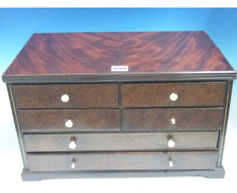 A MAHOGANY COLLECTORS CHEST OF SIX BURR WALNUT FRONTED DRAWERS AND ON BRACKET FEET.   W 44 x D 25 x H 25.5cms.